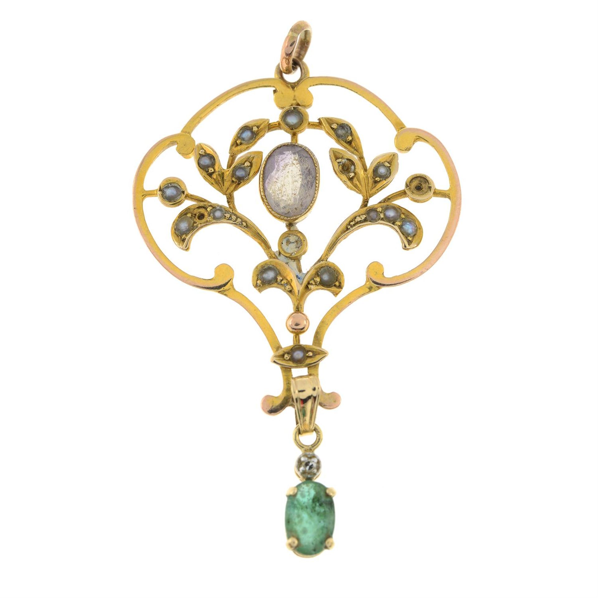 Early 20th century 9ct gold amethyst and split pearl openwork pendant, with later emerald and