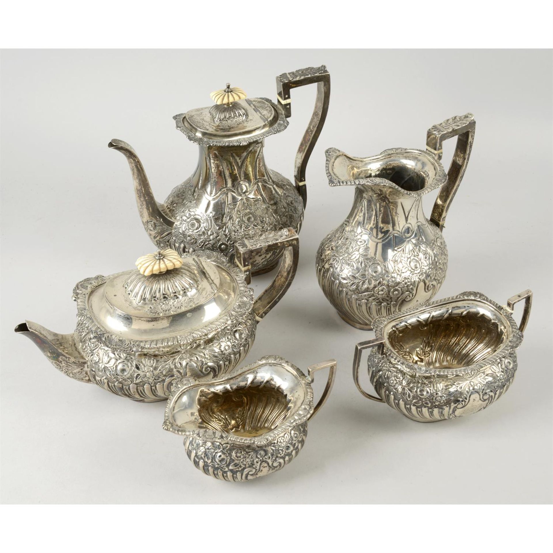 An Edwardian silver five piece tea service.