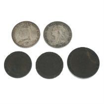Two Victorian Crowns; plus a Soho Twopence & two Pennies (5).