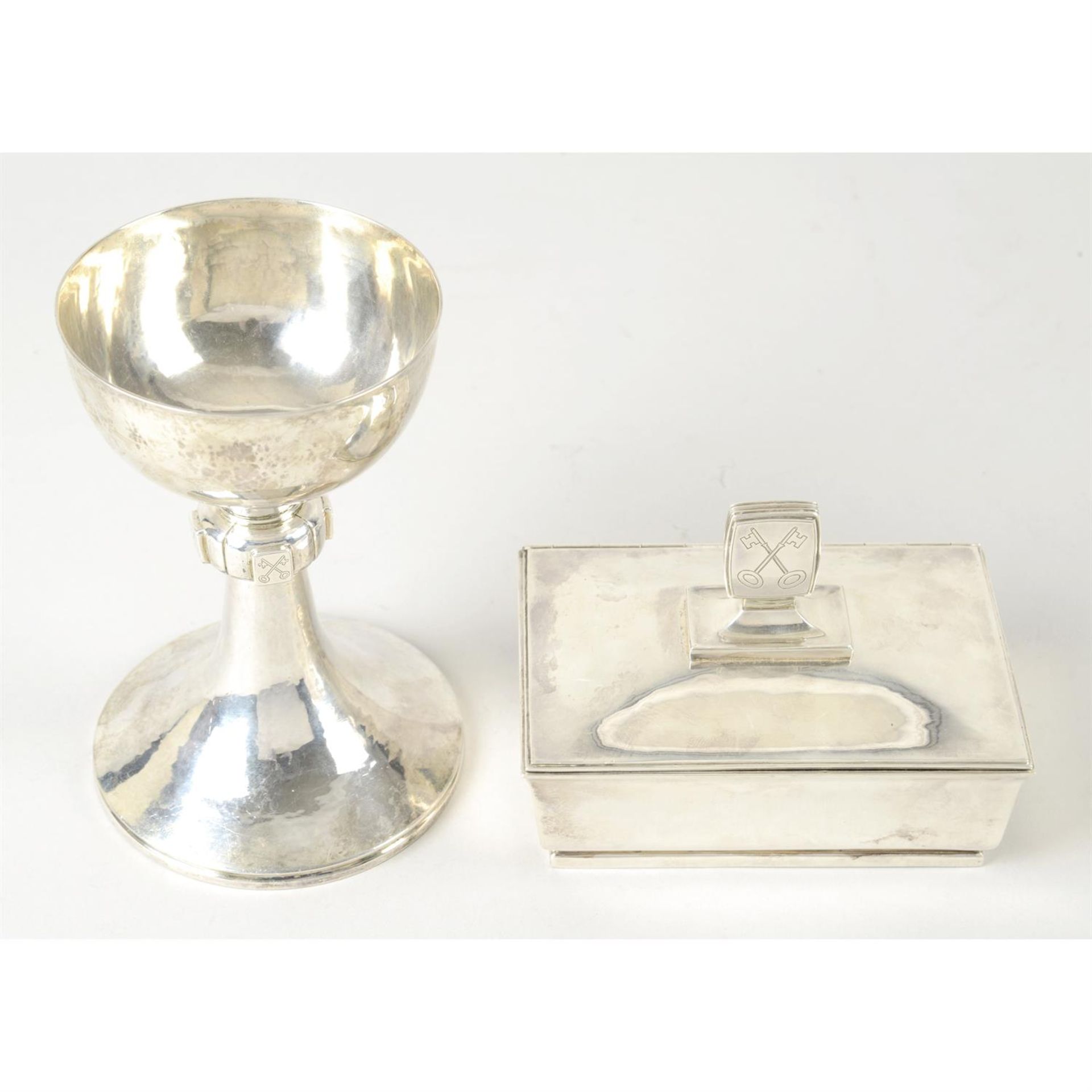 St. Peter's Church, Birmingham, a mid-20th century silver chalice & wafer box.