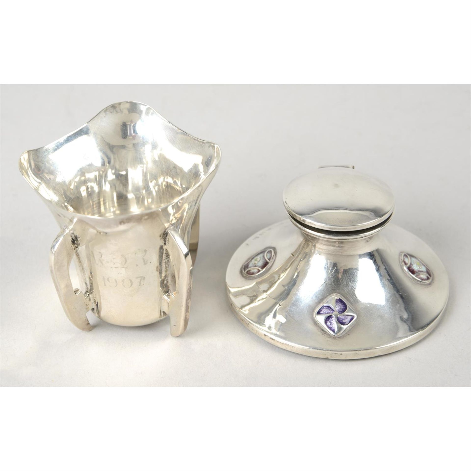 An Edwardian silver mounted inkwell; together with a small Irish silver pot. (2).