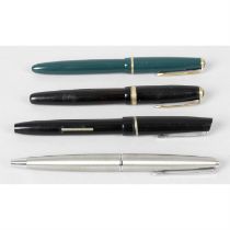 A small mixed selection of assorted pens together with a lighter.