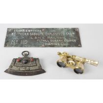 A mixed selection of assorted items, to include a engraved brass sign, a pair of opera glasses,