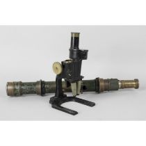 An A.H Hall & Bros Ltd grey painted theodolite, together with a microscope and a telescope.