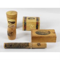 A mixed selection of assorted Mauchline ware printed and other Treen items, to include a small