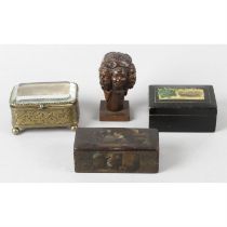 A mixed selection of assorted items, to include a Mauchline ware, a small gilt casket and walking