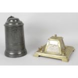 An Art Nouveau gilt metal and silver plated inkwell together with a Victorian pewter tankard.