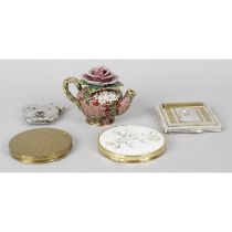 Seven assorted compacts together with a cloisonné enamel miniature teapot.