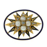 Late 19th century diamond, split pearl and enamel brooch