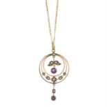 Edwardian 9ct gold garnet & split pearl pendant, with chain