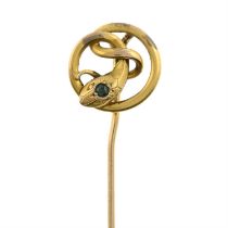 19th century coiled snake stickpin, with green gem crest