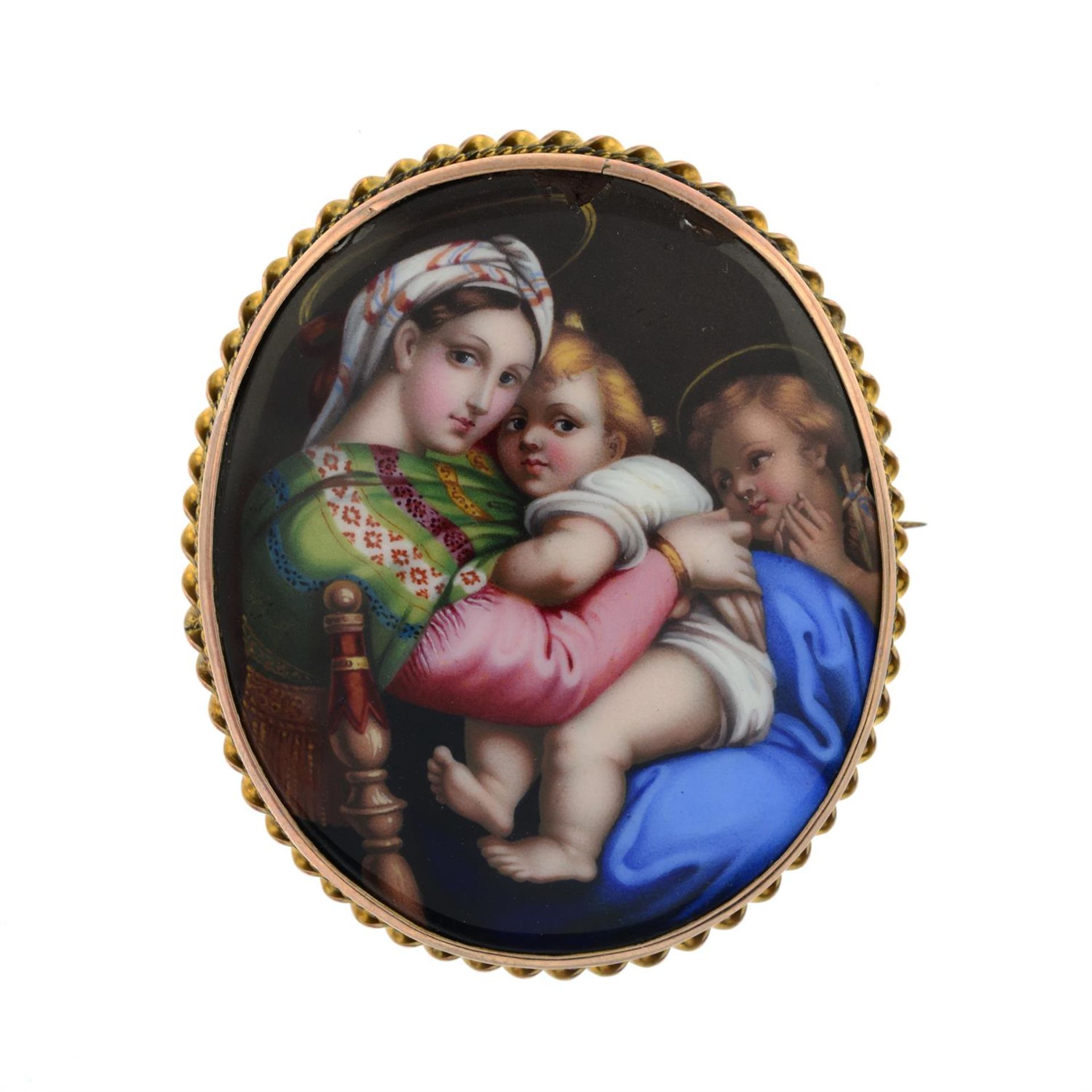 Early 20th century porcelain brooch, depicting 'Madonna della seggiola'