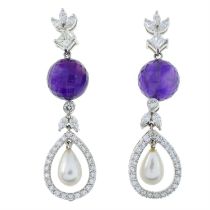 Cultured pearl, amethyst & diamond drop earrings