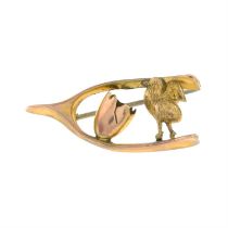 Late Victorian 9ct gold wishing bone, chicken and egg shell brooch