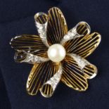 mid 20th c. gold cultured pearl & diamond brooch