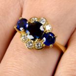 Sapphire three-stone and diamond ring