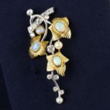 Mid 20th c. 18ct gold opal, diamond & pearl brooch