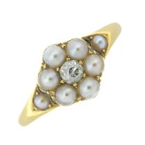 Victorian 18ct gold diamond & split pearl cluster ring