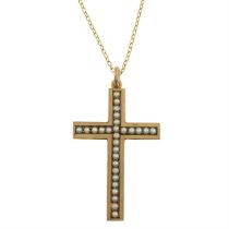 Early 20ct century 9ct gold split pearl cross pendant, with chain