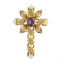 18ct gold gem & cultured pearl fancy cross pendant