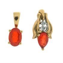 Two fire opal & diamond pendants.