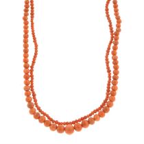 Two Victorian coral single-strand bead necklaces