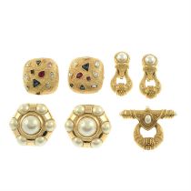 Grossé - three pairs of clip on earrings and a brooch.