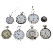 A group of seven pocket watches including a silver half hunter pair-case example.