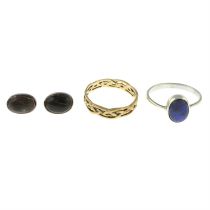 Two 9ct gold rings & opal stud earrings