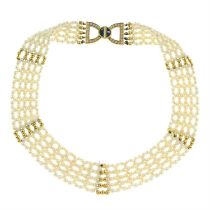 Cultured pearl necklace with sapphire & diamond clasp
