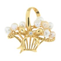 18ct gold cultured pearl & diamond basket brooch