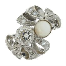 Mid 20th century gold cultured pearl & diamond ring