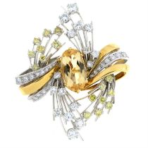 Yellow topaz, diamond & 'yellow' diamond brooch
