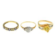 Three mostly 9ct gold gem rings
