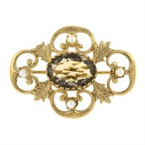 9ct gold smoky quartz and seed pearl brooch