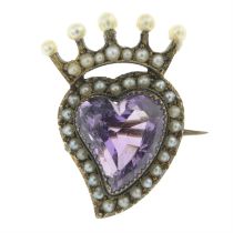 19th century 15ct gold amethyst & pearl Luckenbooth brooch