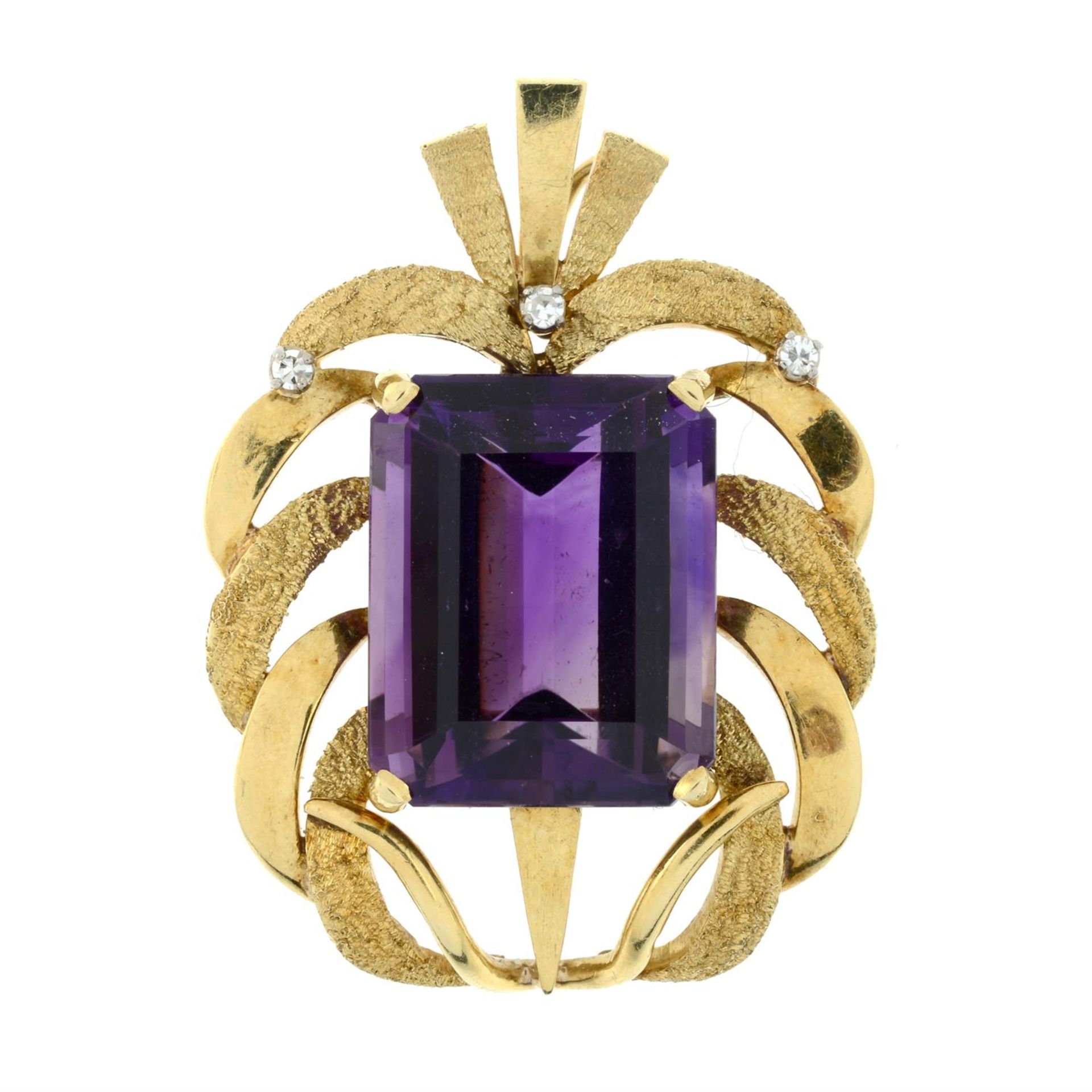 An amethyst and single-cut diamond pendant.