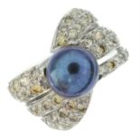 cultured pearl, diamond & colour-treated diamond ring