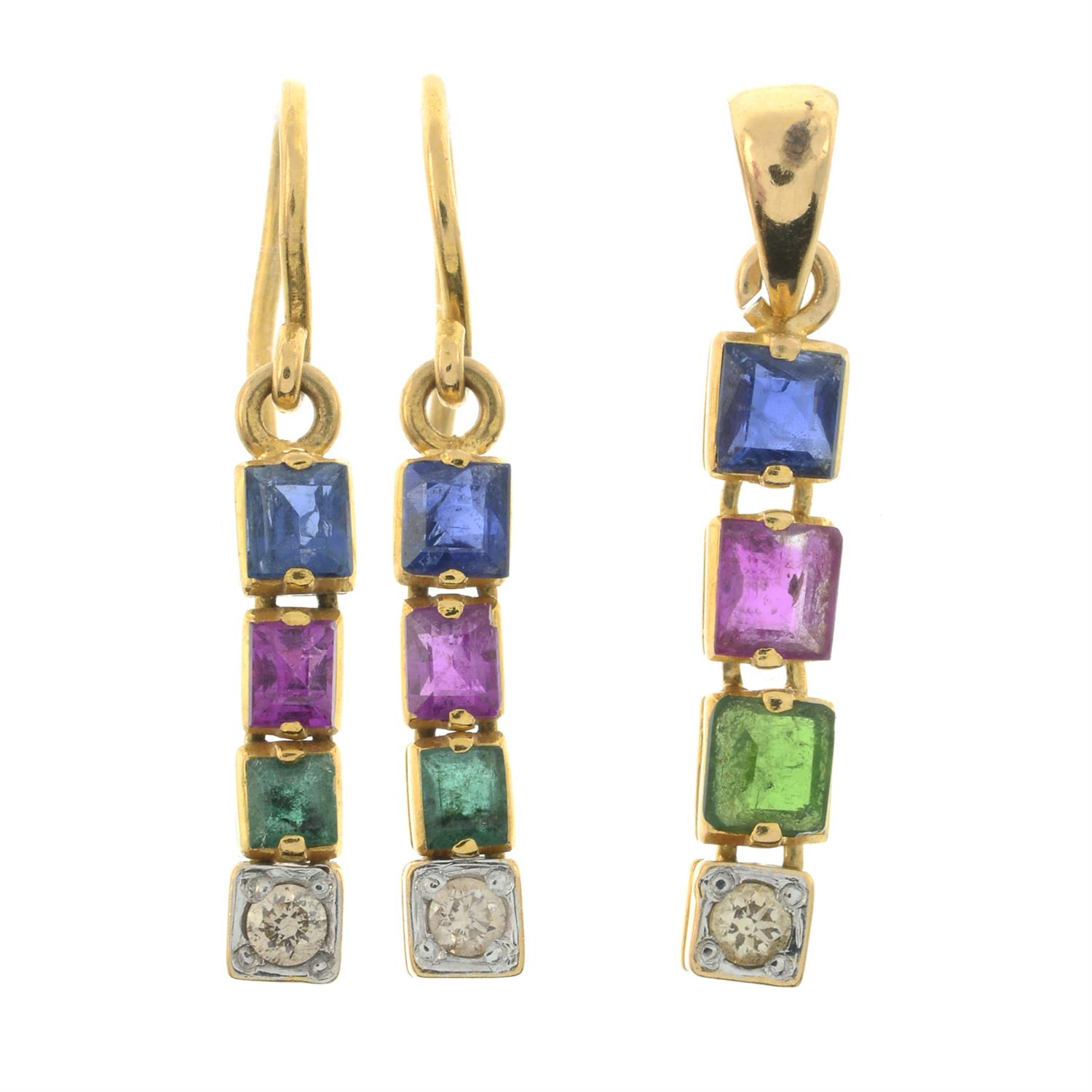 Sapphire, ruby, emerald & diamond set, to include a pendant & earrings.