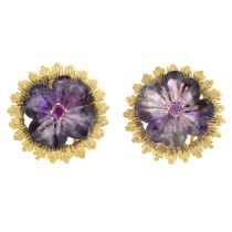Carved amethyst & synthetic ruby floral earrings