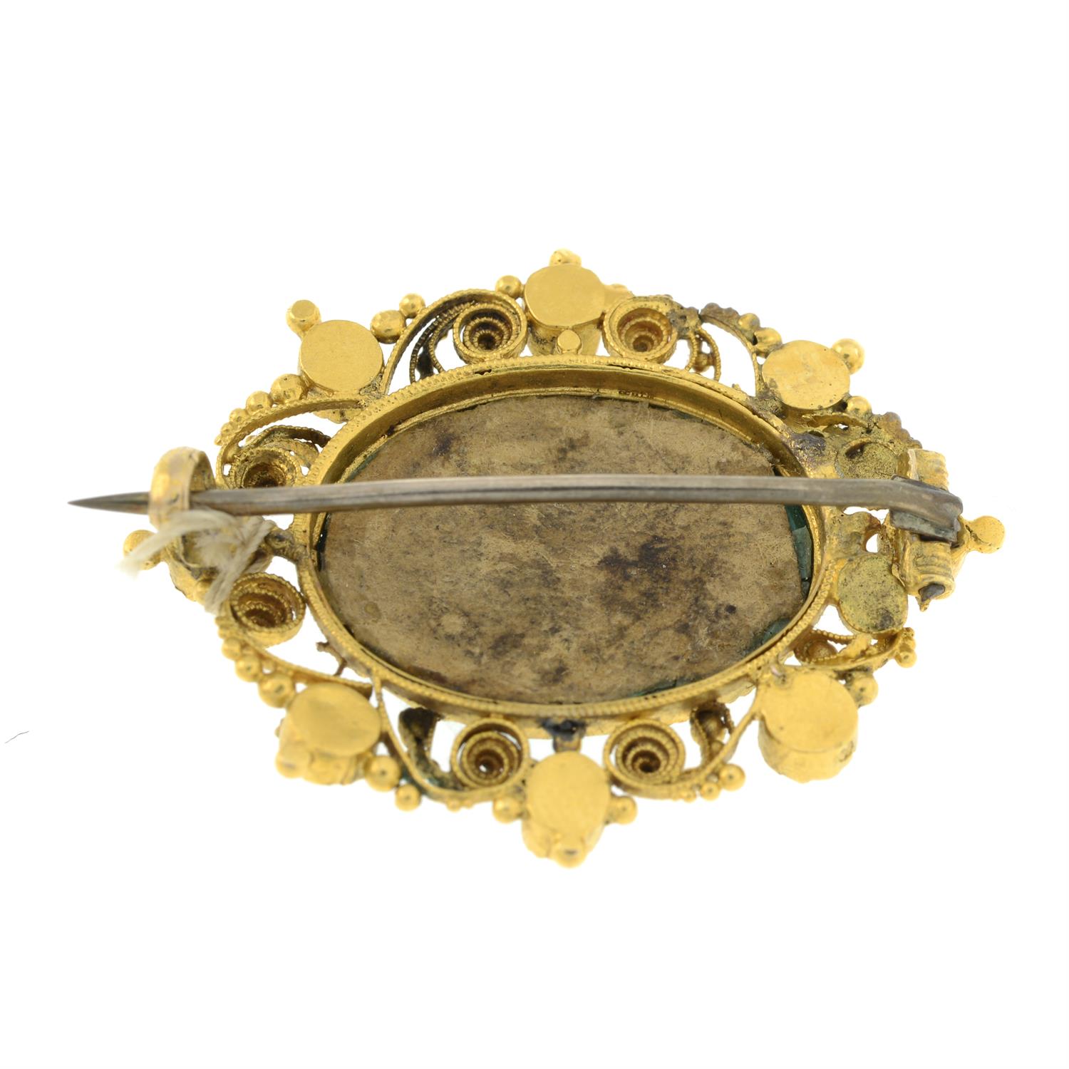 Victorian gold ruby and split pearl cannetille brooch, containing malachite cameo carved to depict - Image 2 of 2