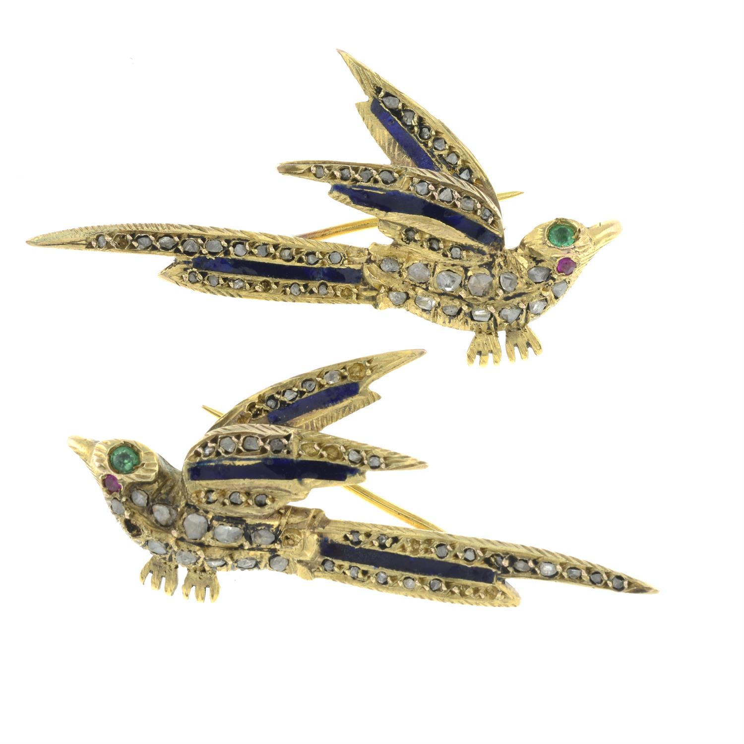 Two multi-gem and enamel bird brooches