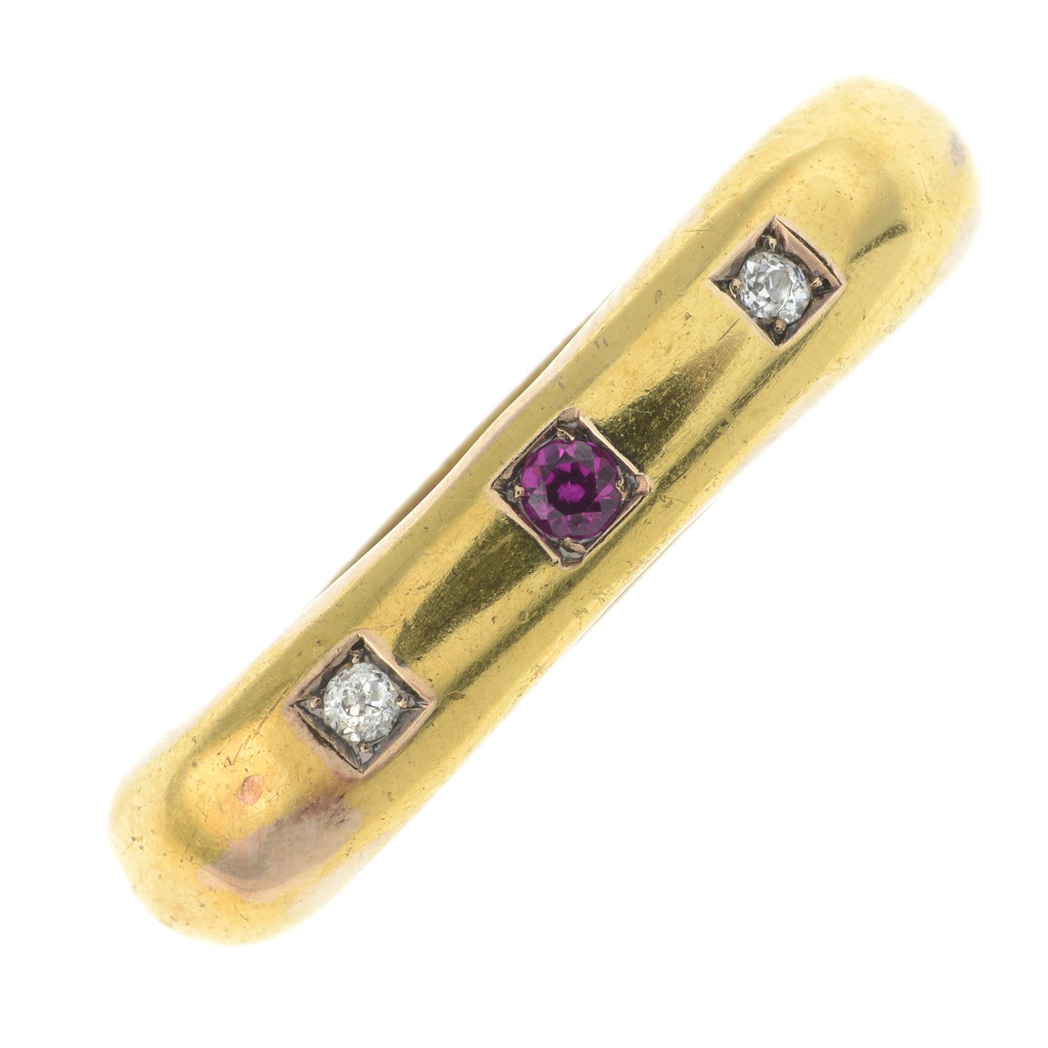 Late 19th century scarf toggle, with synthetic ruby and old-cut diamond highlights.