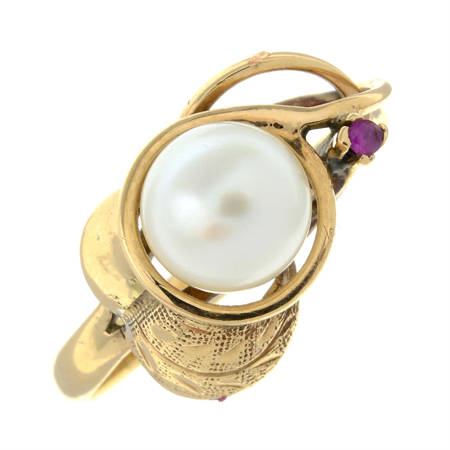 Cultured pearl and ruby dress ring.