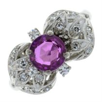 Synthetic ruby & diamond ring.