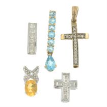 Five gem-set pendants