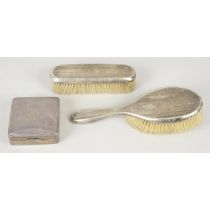 1920's small silver mounted cigarette box & two silver mounted brushes; plus ice-cream spoons &