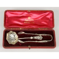 Late Victorian silver sifter spoon & pair of tongs, in fitted case.