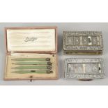 Edwardian silver 'Trumps' marker & matchbox cover; plus cased Bridge pencils.