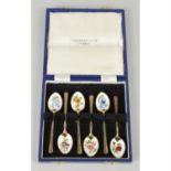 Cased silver & floral enamel spoons.